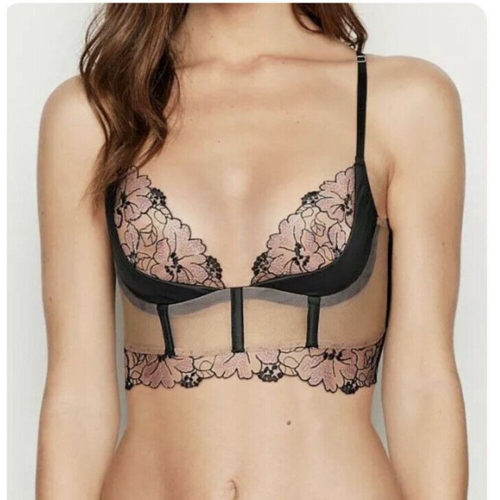 Victoria's Secret Lightly Lined Quarter Cup Longline Bra Sz 36B - Embroidered